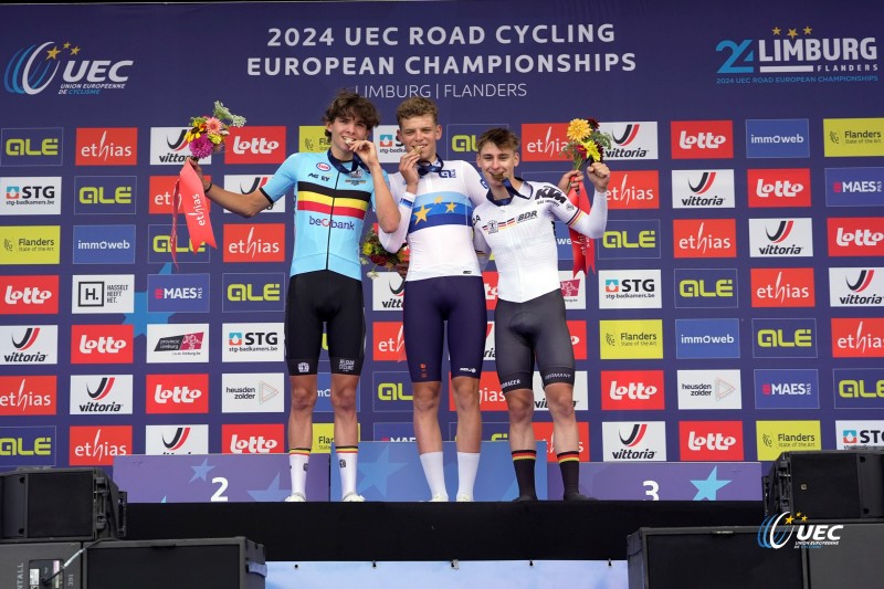 2024 UEC Road European Championships - Limburg - Flanders - Men Junior Individual Time Trial 31,2 km - 11/09/2024 - Jasper Schools (BEL) - Michiel Mouris (NED) -  Paul Fietzke (GER) - photo Luca Bettini/SprintCyclingAgency?2024